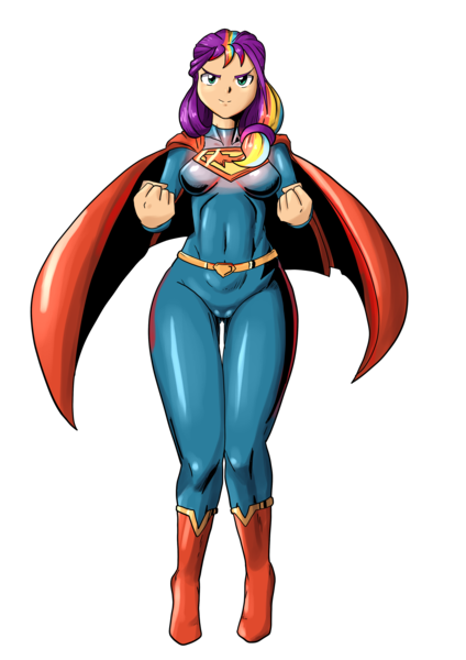 Size: 2894x4093 | Tagged: safe, artist:jackudoggy, derpibooru import, sunny starscout, human, g5, boots, breasts, busty sunny starscout, cameltoe, cape, clothes, dc comics, humanized, image, mane stripe sunny, png, shoes, simple background, supergirl, superhero, superman, symbol, tan skin, tight clothing, transparent background