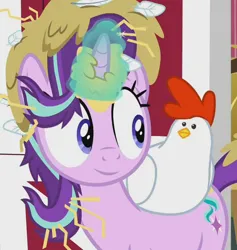 Size: 682x720 | Tagged: safe, derpibooru import, edit, edited screencap, editor:twilyisbestpone, screencap, starlight glimmer, bird, chicken, pony, unicorn, harvesting memories, spoiler:harvesting memories, spoiler:mlp friendship is forever, cropped, eye contact, female, g4, hay, image, inverted mouth, looking at each other, looking at someone, magic, mare, messy, png, smiling, sweet apple acres, sweet apple acres barn