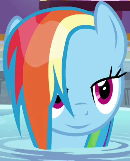 Size: 418x519 | Tagged: safe, derpibooru import, edit, edited screencap, editor:twilyisbestpone, screencap, rainbow dash, pegasus, pony, deep tissue memories, spoiler:deep tissue memories, spoiler:mlp friendship is forever, amused, cropped, eyebrows, female, g4, hair over one eye, hot tub, image, inverted mouth, lidded eyes, mare, multicolored mane, narrowed eyes, png, ponyville spa, rainbow dash is amused, raised eyebrow, smiling, solo, water, wet, wet mane