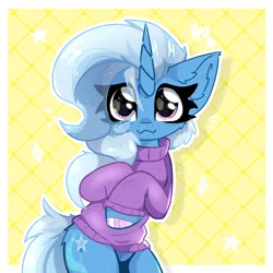 Size: 2000x2000 | Tagged: safe, artist:jubyskylines, derpibooru import, trixie, pony, unicorn, :3, bipedal, butt fluff, clothes, cute, ear fluff, fangs, featureless crotch, female, image, looking at you, mare, png, solo, sweater