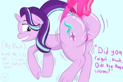 Size: 1800x1200 | Tagged: suggestive, artist:sculptor86, derpibooru import, starlight glimmer, unicorn, ass, butt, clothes, dialogue, fetish, glimmer glutes, image, implied twilight sparkle, panties, plot, png, underwear, wedgie, wedgie fetish