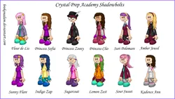 Size: 4000x2250 | Tagged: safe, artist:brokenadam, derpibooru import, fleur-de-lis, indigo zap, lemon zest, sour sweet, sugarcoat, sunny flare, suri polomare, oc, oc:amber jewel, crystal prep, crystal prep academy, crystal prep academy students, crystal prep shadowbolts, image, monotype corsiva font, papa louie pals, png, princess clio, princess zooey, sofia the first