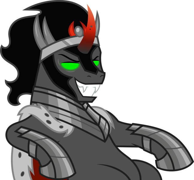 Size: 8188x7573 | Tagged: safe, artist:starryshineviolet, derpibooru import, king sombra, pony, unicorn, the beginning of the end, armor, cape, clothes, colored horn, crown, curved horn, disembodied horn, evil grin, g4, glow, glowing eyes, glowing eyes of doom, green eyes, grin, horn, image, jewelry, lounging, male, png, red eyes, regalia, sharp teeth, sitting, smiling, solo, sombra eyes, sombra horn, sombra's cape, sombra's horn, sombra's robe, stallion, teeth