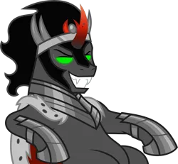 Size: 8188x7573 | Tagged: safe, artist:starryshineviolet, derpibooru import, king sombra, pony, unicorn, the beginning of the end, armor, cape, clothes, colored horn, crown, curved horn, disembodied horn, evil grin, g4, glow, glowing eyes, glowing eyes of doom, green eyes, grin, horn, image, jewelry, lounging, male, png, red eyes, regalia, sharp teeth, sitting, smiling, solo, sombra eyes, sombra horn, sombra's cape, sombra's horn, sombra's robe, stallion, teeth