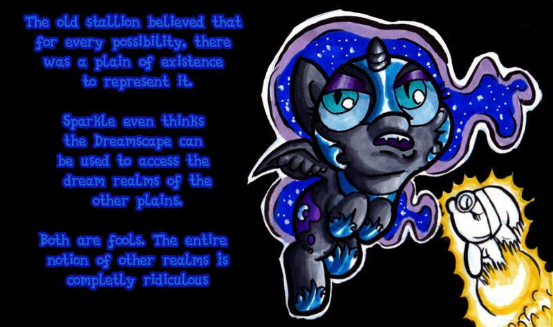 Size: 1280x758 | Tagged: safe, artist:darkone10, artist:legaspingman, derpibooru import, nightmare moon, oc, oc:nyx, alicorn, pony, alicorn oc, black background, cute, dream orb, dream orbs, dream realm, dream walker, dreamscape, duo, duo female, female, filly, floating, foal, g4, horn, image, implied self ponidox, incoming, incoming self ponidox, nightmare woon, nyxabetes, ocbetes, png, self paradox, self ponidox, simple background, text, the fun has been doubled, tumblr:asktwilyandwoon, wings