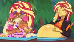 Size: 1920x1080 | Tagged: safe, artist:a0iisa, derpibooru import, edit, sunset shimmer, belly, belly stuffing, big belly, food, image, png, weight gain sequence