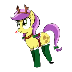 Size: 400x400 | Tagged: safe, artist:truthormare, ponerpics import, lavender fritter, earth pony, pony, animal costume, antlers, bowtie, christmas, clothes, costume, female, harness, heart, holiday, image, mare, png, reindeer antlers, reindeer costume, saddle, simple background, smiling, socks, solo, tack