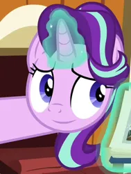 Size: 406x538 | Tagged: safe, derpibooru import, edit, edited screencap, editor:twilyisbestpone, screencap, starlight glimmer, pony, unicorn, harvesting memories, spoiler:harvesting memories, spoiler:mlp friendship is forever, chicken coop, cropped, cute, female, g4, glimmerbetes, image, inverted mouth, magic, magic aura, mare, png, smiling, solo, sweet apple acres, telekinesis