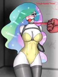 Size: 2160x2880 | Tagged: suggestive, artist:furgagtape, derpibooru import, princess celestia, human, equestria girls, armbinder, ballgag, blushing, breasts, busty princess celestia, clothes, collar, female, femsub, gag, hair over one eye, high res, image, leash, leotard, offscreen character, png, requested art, solo focus, sublestia, submissive