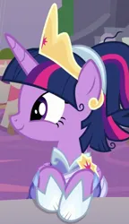 Size: 609x1058 | Tagged: safe, derpibooru import, screencap, twilight sparkle, twilight sparkle (alicorn), alicorn, pony, season 9, the last problem, spoiler:s09, beautiful, clothes, coronation dress, crown, cute, dress, female, g4, image, jewelry, mare, messy mane, png, regalia, second coronation dress, solo, twiabetes