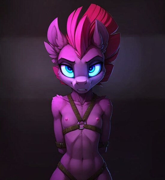 Size: 704x768 | Tagged: questionable, ai content, banned from derpibooru, machine learning generated, ponerpics import, ponybooru import, prompter:hellfire, tempest shadow, anthro, series:legion, belts, bondage, captured, female, image, jpeg, lolicon, missing horn, nudity, underage, younger