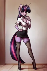 Size: 3072x4608 | Tagged: suggestive, ai content, derpibooru import, machine learning generated, stable diffusion, twilight sparkle, anthro, pony, unicorn, big breasts, bra, breasts, button-up shirt, cleavage, clothes, female, g4, glasses, half moon glasses, high heels, image, long tail, mare, miniskirt, office lady, png, sexy, shirt, shoes, skirt, socks, solo, stockings, tail, thigh highs, underwear, zettai ryouiki
