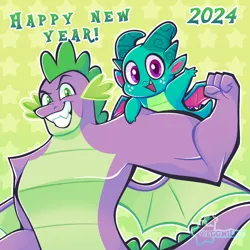 Size: 2048x2048 | Tagged: safe, artist:3ggmilky, derpibooru import, sparky sparkeroni, spike, dragon, g5, baby, baby dragon, duo, duo male, flexing, g4, gigachad spike, grin, happy new year, happy new year 2024, high res, holiday, image, male, older, older spike, open mouth, open smile, png, smiling, winged spike, wings, year of the dragon