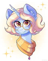 Size: 2983x3759 | Tagged: safe, artist:madelinne, derpibooru import, oc, unofficial characters only, pony, unicorn, blonde, bust, female, glasses, image, jewelry, looking at you, mare, necklace, png, portrait, short hair, solo
