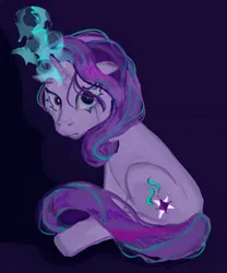 Size: 1063x1278 | Tagged: source needed, safe, artist:taesherat, derpibooru import, starlight glimmer, black background, black eye, corrupted, corrupted starlight glimmer, floppy ears, image, jpeg, looking at you, magic, magic aura, simple background, sombra eyes, spell