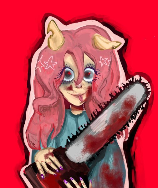 Size: 1077x1280 | Tagged: source needed, semi-grimdark, artist:taesherat, derpibooru import, fluttershy, anthro, blood, chainsaw, heart, heart eyes, image, jpeg, this will end in death, this will end in tears, this will end in tears and/or death, wingding eyes