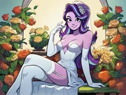 Size: 1920x1440 | Tagged: suggestive, ai content, derpibooru import, machine learning generated, starlight glimmer, equestria girls, breasts, cleavage, clothes, crossed legs, derpibooru exclusive, dress, evening gloves, female, flower, flower in hair, garter straps, generator:pony diffusion v6 xl, gloves, image, jpeg, long gloves, long hair, looking at you, prompter:siber, rose, sitting, smiling, smiling at you, socks, solo, strapless, thigh highs, wedding dress, wedding veil