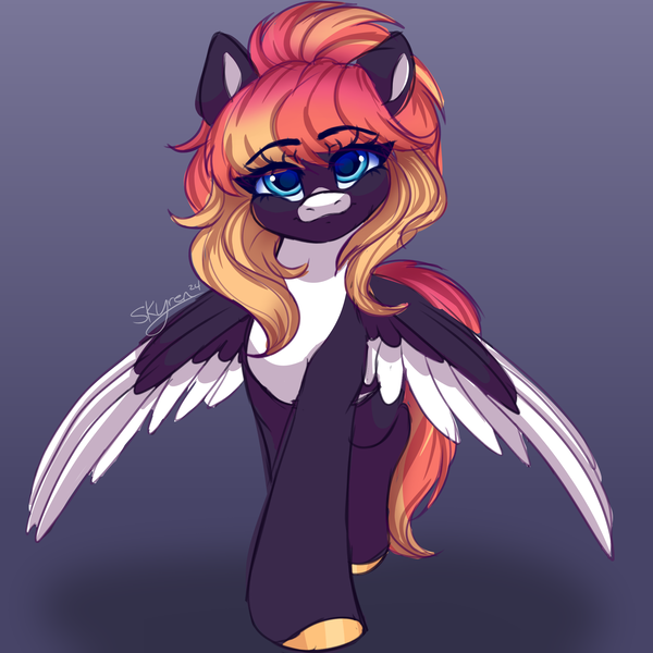 Size: 2000x2000 | Tagged: safe, artist:skyboundsiren, derpibooru import, oc, oc:sunrise virtue, unofficial characters only, pegasus, bangs, female, image, looking at you, png, signature, sketch, smiling, spread wings, wings