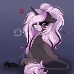 Size: 2000x2000 | Tagged: safe, artist:skyboundsiren, derpibooru import, oc, oc:digit morose, unofficial characters only, classical unicorn, unicorn, angry, cloven hooves, controller, dualshock controller, female, glare, goth, horn, image, leonine tail, pastel goth, piercing, pigtails, png, sitting, snorting, spiked headband, unshorn fetlocks