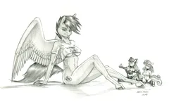 Size: 1500x871 | Tagged: suggestive, artist:baron engel, derpibooru import, scootaloo, anthro, pegasus, bottomless, breasts, busty scootaloo, clothes, erect nipples, female, g4, image, jpeg, monochrome, nipple outline, older, older scootaloo, partial nudity, pencil drawing, plushie, shirt, solo, solo female, traditional art, underboob