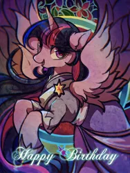 Size: 1620x2160 | Tagged: safe, artist:tkotu1, derpibooru import, twilight sparkle, twilight sparkle (alicorn), alicorn, pony, the last problem, abstract background, clothes, coronation dress, dress, female, happy birthday, image, jpeg, looking at you, mare, open mouth, open smile, rearing, second coronation dress, smiling, smiling at you, solo