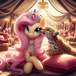Size: 1024x1024 | Tagged: prompter needed, safe, ai content, derpibooru import, machine learning generated, fluttershy, big cat, jaguar (animal), pegasus, pony, chair, chandelier, cute, female, g4, gem, generator:dall-e 3, image, indoors, jewelry, jpeg, lying down, mare, necklace, nuzzling, pearl necklace, pet, pillow, shyabetes, smiling, solo, table, tiara