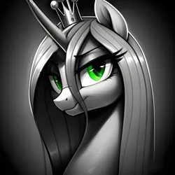 Size: 2048x2048 | Tagged: safe, ai content, derpibooru import, machine learning generated, prompter:felixx, stable diffusion, queen chrysalis, alicorn, pony, bust, female, generator:easyfluff v11.2, image, looking at you, mare, partial color, png, portrait, simple background, solo