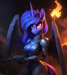 Size: 896x1000 | Tagged: safe, ai content, machine learning generated, ponerpics import, ponybooru import, prompter:hellfire, princess luna, alicorn, anthro, series:legion, fantasy, fire, image, jpeg, science fiction, war, weapon