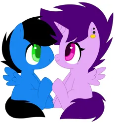 Size: 2333x2500 | Tagged: safe, artist:melodytheartpony, derpibooru import, oc, oc:griff, oc:violet scratch, alicorn, pegasus, 2014, base used, couple, female, happy, horn, image, looking at each other, looking at someone, loving, male, old art, piercing, png, re-lined, shipping, short mane, short tail, signature, simple background, smiling, spread wings, tail, unknown base, white background, wings