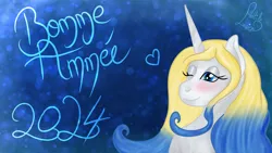 Size: 4000x2251 | Tagged: safe, artist:loopina, derpibooru import, oc, oc:strong arrow, pony, unicorn, female, french, happy new year, heart, holiday, image, mare, one eye closed, png, ponysona, solo, wink