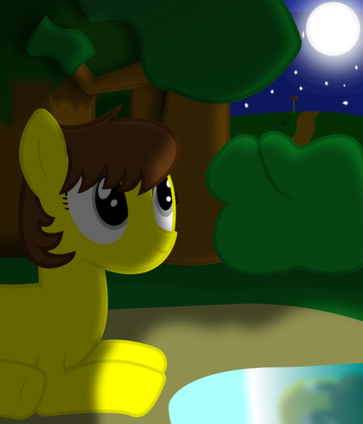 Size: 1300x1520 | Tagged: safe, artist:cardshark777, derpibooru import, oc, oc:liz (cardshark777), unofficial characters only, earth pony, earth pony oc, forest, image, looking up, lying down, missing accessory, moon, nature, night, png, pond, reflection, road sign, shading, solo, stars, tree, water, yellow pony