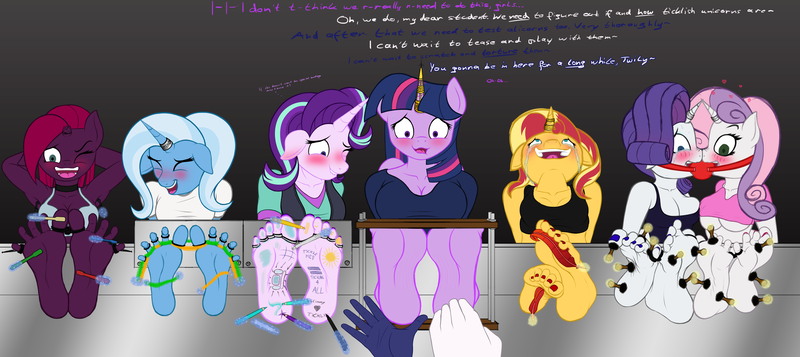 Size: 6500x2900 | Tagged: questionable, artist:tklninja, derpibooru import, princess celestia, princess luna, rarity, starlight glimmer, sunset shimmer, sweetie belle, tempest shadow, trixie, twilight sparkle, twilight sparkle (alicorn), alicorn, anthro, plantigrade anthro, unicorn, arm behind back, arm behind head, ballgag, blushing, body writing, bondage, breasts, brush, busty rarity, busty sunset shimmer, busty sweetie belle, busty tempest shadow, busty twilight sparkle, clothes, crying, dialogue, eyes closed, feather, feet, femsub, fetish, floating heart, floppy ears, foot fetish, gag, heart, horn, horn ring, horns are touching, image, imminent tickles, jewelry, laughing, lip bite, magic, magic suppression, marker, offscreen character, one eye closed, open mouth, open smile, png, rarisub, ring, shared gag, sketch, smiling, stocks, sublight glimmer, submissive, subset, sweetiesub, tears of laughter, telekinesis, the weak and powerless trixie, tickling, toe flossing, toe tied, toes, toothbrush, trixsub, twisub