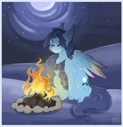 Size: 1768x1829 | Tagged: safe, artist:ezzerie, derpibooru import, oc, oc:still waters, unofficial characters only, pegasus, pony, campfire, clothes, commission, image, male, moon, night, png, scarf, secret santa, snow, solo, stallion, stars