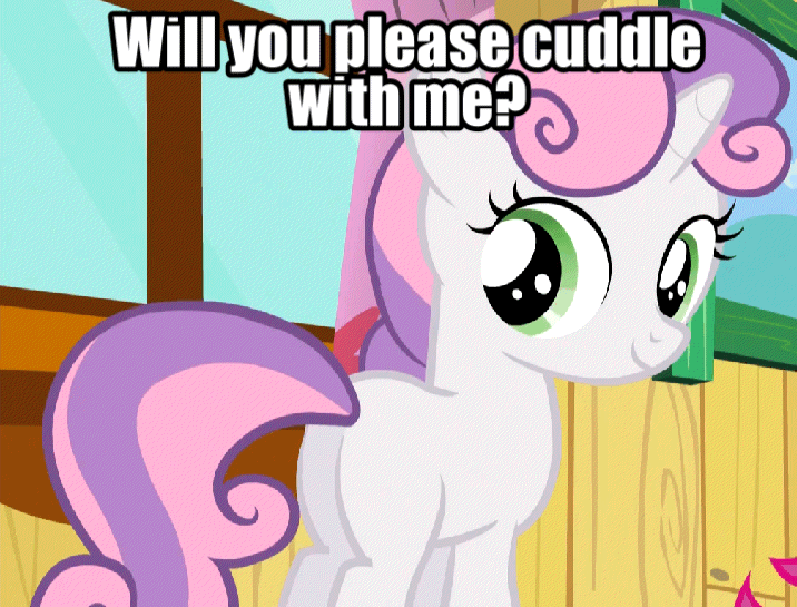 Size: 716x545 | Tagged: safe, edit, editor:undeadponysoldier, ponerpics import, ponybooru import, screencap, sweetie belle, pony, unicorn, blank flank, clubhouse, crusaders clubhouse, cute, diasweetes, female, filly, foal, gif, hug request, image, implied snuggling, looking at you, looking back, looking back at you, solo, talking to viewer