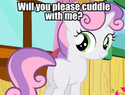 Size: 716x545 | Tagged: safe, edit, editor:undeadponysoldier, ponerpics import, ponybooru import, screencap, sweetie belle, pony, unicorn, blank flank, clubhouse, crusaders clubhouse, cute, diasweetes, female, filly, foal, gif, hug request, image, implied snuggling, looking at you, looking back, looking back at you, solo, talking to viewer
