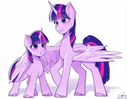Size: 2125x1646 | Tagged: safe, artist:xiaowu07, derpibooru import, twilight sparkle, twilight sparkle (alicorn), alicorn, pony, unicorn, cute, female, g4, hug, image, jpeg, looking at each other, looking at someone, mare, simple background, smiling, smiling at each other, white background, winghug, wings