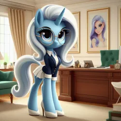 Size: 1024x1024 | Tagged: safe, ai content, derpibooru import, machine learning generated, trixie, pony, unicorn, clothes, female, framed picture, furniture, generator:bing image creator, generator:dall-e 3, glasses, high heels, image, indoors, jacket, jpeg, looking at you, mare, office, pleated skirt, shoes, skirt, solo, window, wrong eye color