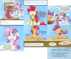 Size: 3844x3216 | Tagged: safe, artist:redheadfly, derpibooru import, apple bloom, scootaloo, spike, sweetie belle, pony, apple, cutie mark crusaders, food, grammar error, image, older, png, tumblr:ask-adultscootaloo