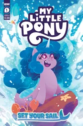 Size: 2063x3131 | Tagged: safe, derpibooru import, idw, official, izzy moonbow, bird, crab, pony, seapony (g4), starfish, unicorn, g5, spoiler:comic, spoiler:g5comic, comic cover, female, fish tail, flowing mane, flowing tail, happy, horn, image, jpeg, mare, mcsnips-a-lot, movie reference, my little pony logo, ocean, official comic, open mouth, open smile, rock, seaponified, seapony izzy moonbow, set your sail, shoo be doo, smiling, species swap, splash, tail, teeth, the little mermaid, unshorn fetlocks, water, wingding eyes