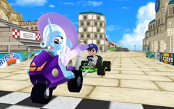 Size: 1920x1200 | Tagged: safe, artist:puzzlshield2, derpibooru import, trixie, pony, 3d, cape, clothes, crossover, hat, image, mario kart, meme, mmd, png, racing, sitting, smg4, super mario bros., trixie's cape, trixie's hat