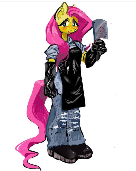 Size: 750x945 | Tagged: safe, artist:swedo, derpibooru import, fluttershy, anthro, apron, blood, boots, clothes, gloves, image, jpeg, looking at you, meat cleaver, open mouth, shoes, simple background, smiling, solo, standing, white background