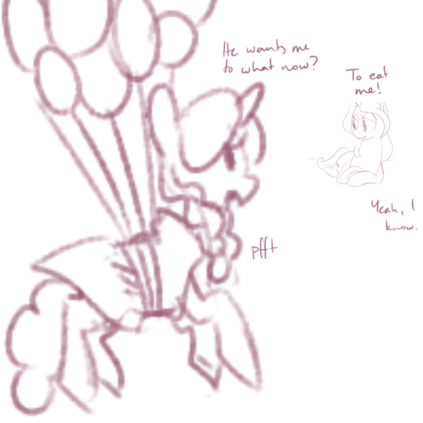 Size: 900x900 | Tagged: safe, artist:goat train, oc, oc:gloomy, oc:marker pony, unofficial characters only, pony, 4chan, balloon, dialogue, duo, female, image, mare, monochrome, pfft, png, size difference, sketch, vore denied