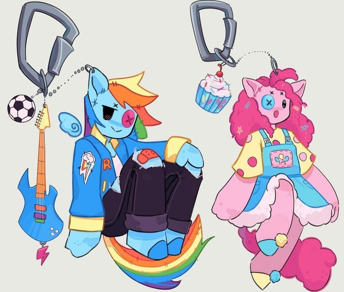 Size: 1080x917 | Tagged: safe, artist:cinnabu, derpibooru import, pinkie pie, rainbow dash, anthro, button eyes, clothes, cupcake, duo, food, guitar, image, jacket, jpeg, keychain, musical instrument, open mouth, simple background, sitting, skirt, smiling