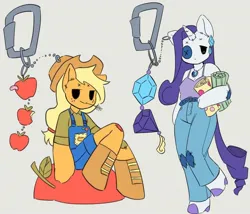 Size: 1080x926 | Tagged: safe, artist:cinnabu, derpibooru import, applejack, rarity, anthro, apple, button eyes, clothes, denim, duo, food, gem, image, jeans, jewelry, jpeg, keychain, necklace, overalls, pants, simple background, smiling