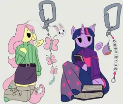 Size: 1080x915 | Tagged: safe, artist:cinnabu, derpibooru import, fluttershy, twilight sparkle, anthro, butterfly, insect, book, button eyes, clothes, duo, image, jpeg, keychain, simple background, sitting, skirt, sweater