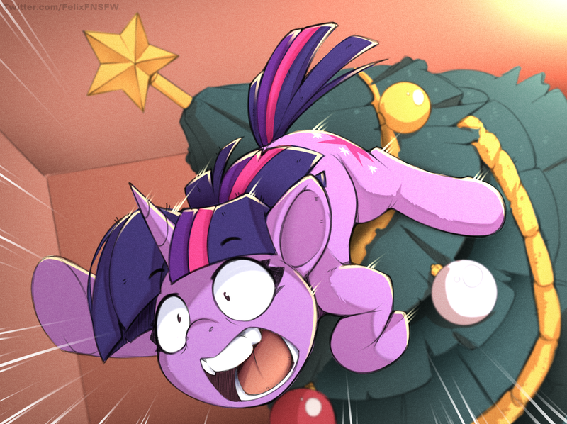 Size: 2140x1600 | Tagged: safe, alternate version, artist:felixf, derpibooru import, twilight sparkle, pony, unicorn, action pose, alternate character, behaving like a cat, christmas, christmas tree, dropping, faic, falling, holiday, image, motion lines, open mouth, pinpoint eyes, png, screaming, speed lines, teeth, tiny pupils, tree, unicorn twilight