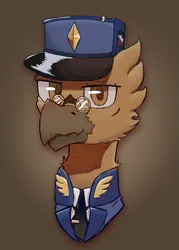 Size: 2557x3565 | Tagged: safe, artist:mikeylokey, derpibooru import, oc, oc:gunnar sabel-karlsson, gryphon, equestria at war mod, bust, clothes, glasses, griffon oc, hat, image, png, portrait, simple background, solo, uniform