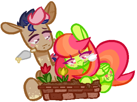 Size: 444x332 | Tagged: safe, artist:cloudyydaze, derpibooru import, oc, oc:brick, oc:tulipa, unofficial characters only, earth pony, pegasus, pony, blushing, commission, commissioner:looji, cute, duo, female, floppy ears, flower, folded wings, garden, gardening, image, lying down, male, mare, mare oc, mouth hold, png, prone, shipping, simple background, stallion, stallion oc, transparent background, trowel, tulip, wings