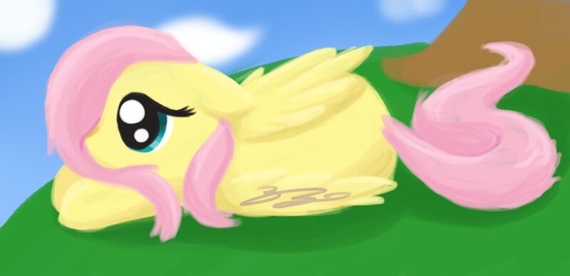 Size: 1280x619 | Tagged: dead source, safe, artist:fuzzballpup, derpibooru import, fluttershy, pegasus, pony, folded wings, g4, image, jpeg, lying down, outdoors, solo, tail, wings