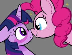 Size: 932x720 | Tagged: safe, artist:another_pony, derpibooru import, pinkie pie, twilight sparkle, earth pony, pony, unicorn, animated, blushing, bust, duo, female, gray background, image, lesbian, looking at each other, looking at someone, no sound, shipping, simple background, smiling, sweat, sweatdrop, twinkie, webm